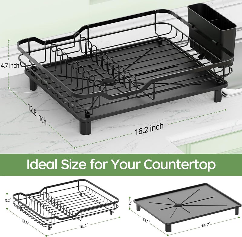 Rottogoon Dish Drying Rack, Stainless Steel Rustproof Dish Rack for Kitchen Counter, Sturdy Dish Drainer with Drainboard, Drainage, Utensil Holder for Various Kitchenware, 16.2"(L) x 12.6"(W), Black - Image 4